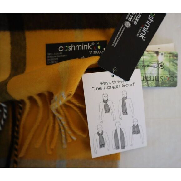 V. Fraas 701960 Men's One Size Gold Exploded Plaid Cashmink Fringe Scarf - Picture 6 of 7